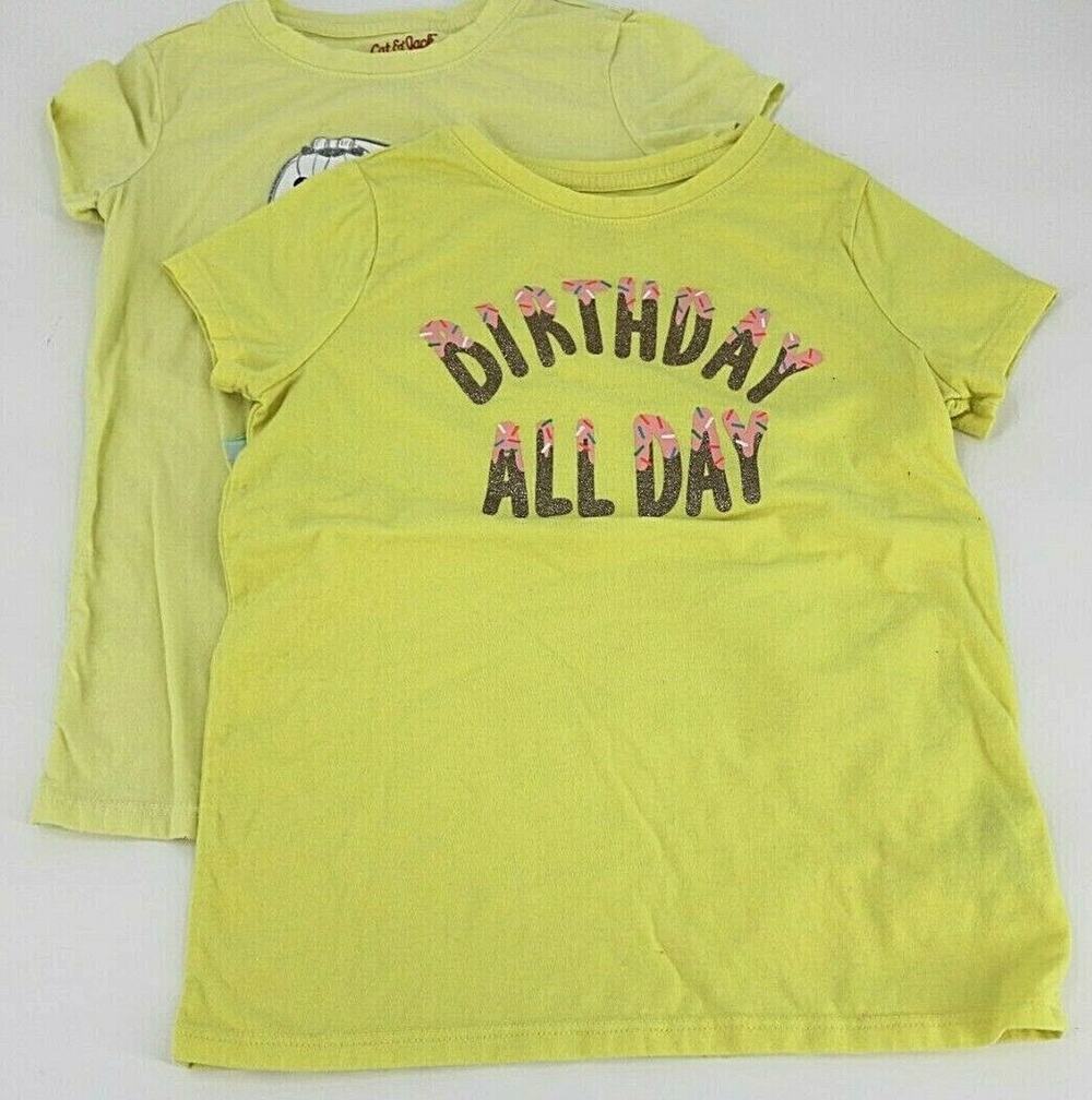 Cat & Jack Girls Yellow Short Sleeve Graphic T-shirt Bundle Dog Birthday Sz 6-6X